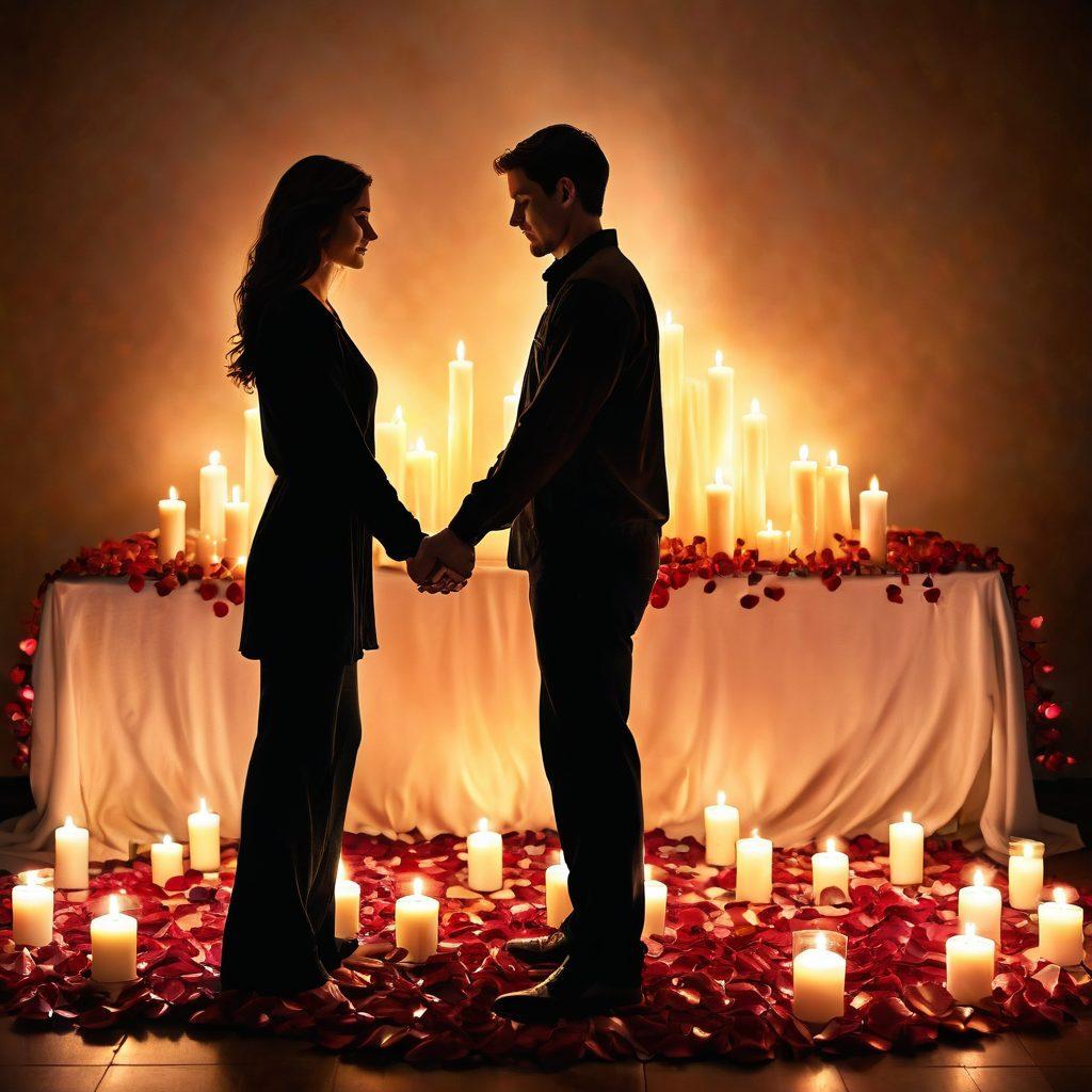 A romantic couple in a cozy, warmly-lit setting, sharing an intimate moment with candles, rose petals, and a soft glow around them. They are holding hands, gazing into each other's eyes, with an air of tenderness and passion. The background features subtle, elegant decor that enhances the romantic atmosphere. super-realistic. vibrant colors. white background.
