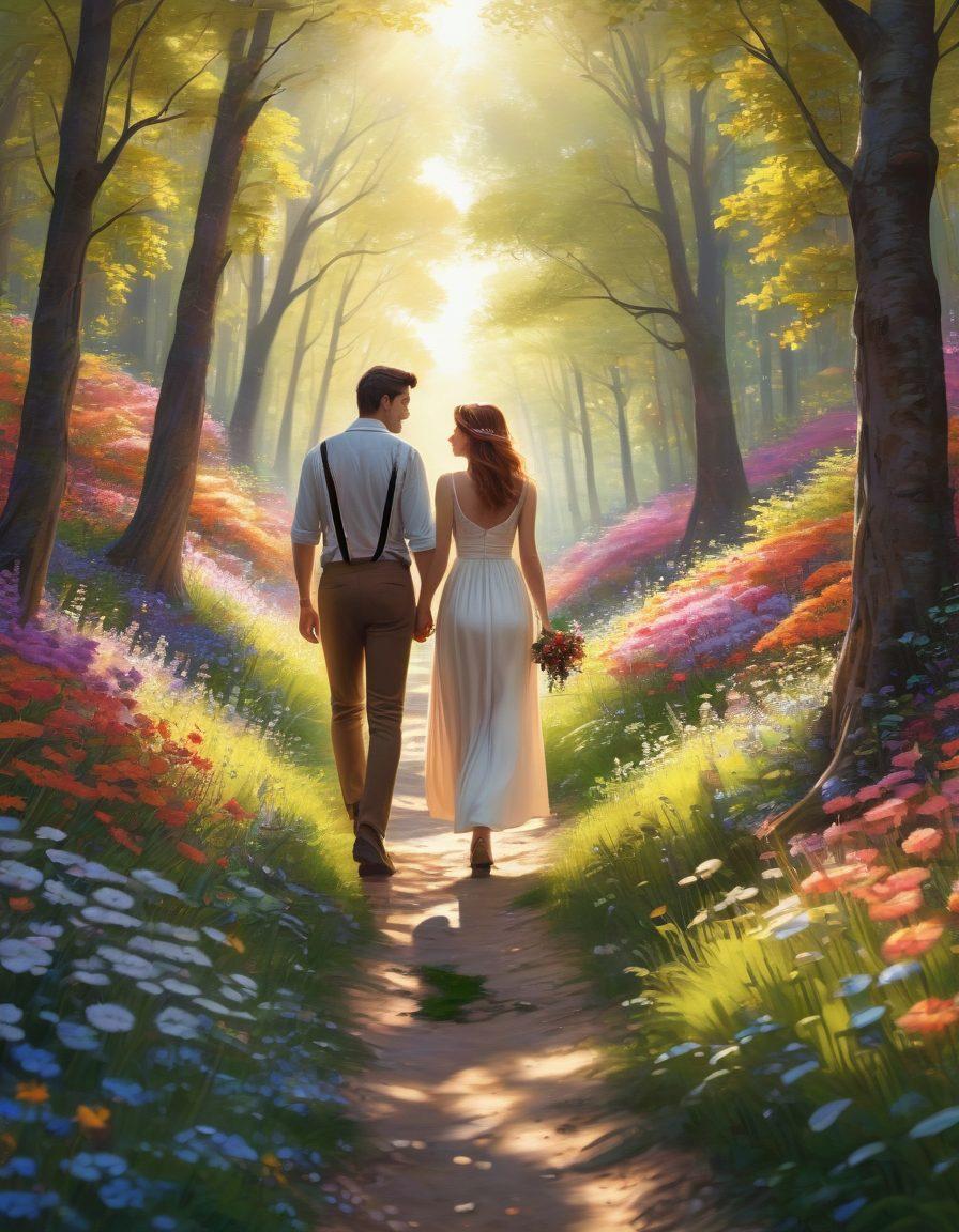 A romantic couple walking hand-in-hand through a forest path, surrounded by blooming flowers and gentle sunlight filtering through the trees. The couple's expressions transition from playful flirting to deep affection, symbolizing the journey of love and companionship. Super-realistic. Warm, vibrant colors. Dreamlike atmosphere.