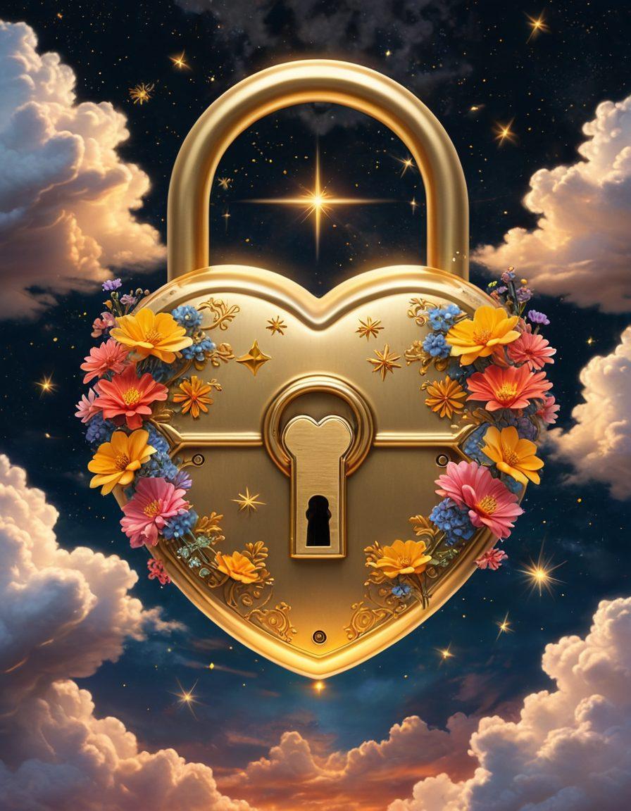 A radiant heart-shaped lock glowing amidst clouds, with a key gently floating towards it. Surround the scene with vibrant elements like flowers, stars, and soft intertwined hands reaching out. A subtle golden aura should encircle the lock, symbolizing wisdom and warmth. super-realistic. vibrant colors.